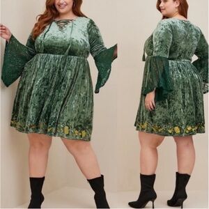 Torrid Green Velvet Midi Dress with Lace Bell Sleeves